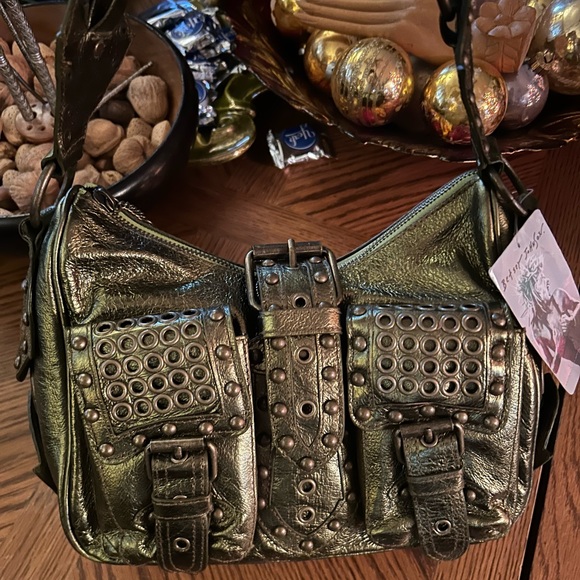 Vintage BETSEY JOHNSON Olive Heavy Metal Studded Satchel Handbag - Picture 7 of 16